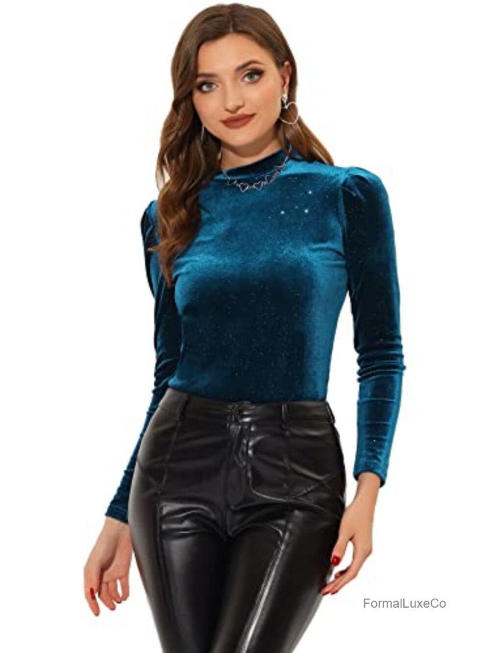 Velvet Puff Long Sleeve Mock Neck Blouse Party Holiday Top